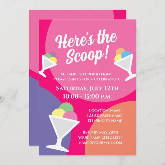 スクープ子供のアイスクリーム誕生日パーティーはこちら 招待状 (正面/裏面)