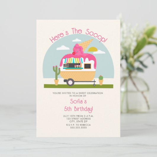 スクープ熱ピンクアイスクリームトラック誕生日 招待状 (スタンド正面)