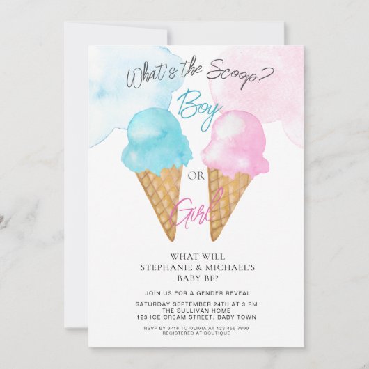 スクープ男の子または女の子の性別の表示パーティー 招待状 (正面)