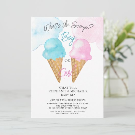 スクープ男の子または女の子の性別の表示パーティー 招待状 (スタンド正面)