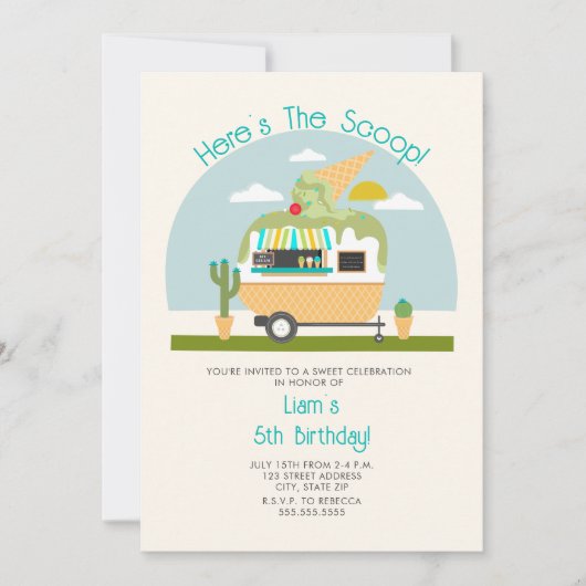 スクープ緑のアイスクリームトラック誕生日 招待状 (正面)
