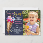 スクープ・アイスクリーム・パーティー・ネイビー・ブルー写真 招待状 (正面)