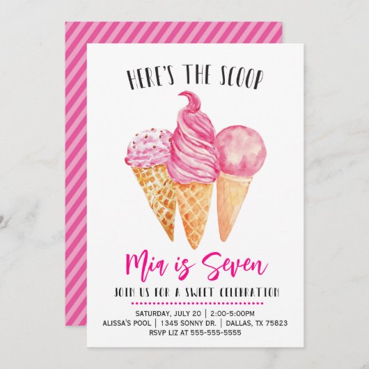 スクープ・ピンク・アイスクリーム・誕生日 招待状 (正面/裏面)