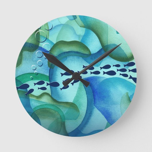 スクーリング魚の水の色の壁時計 ラウンド壁時計 (正面)