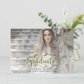 スクールカラーグリーン金ゴールド写真卒業 案内状 (スタンド正面)