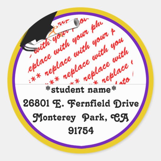 スクールカラーズパープル&金ゴールド卒業フレーム ラウンドシール (正面)