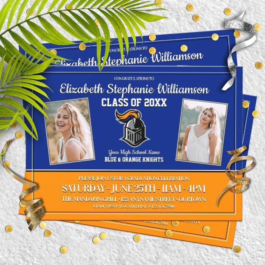 スクールカラーズブルー&オレンジ卒業パーティー 招待状