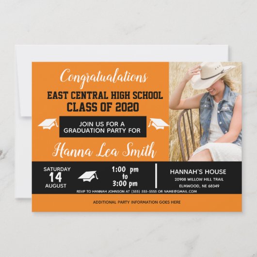 スクールカラーズ、オレンジ·ブラック高校卒業 案内状 (正面)