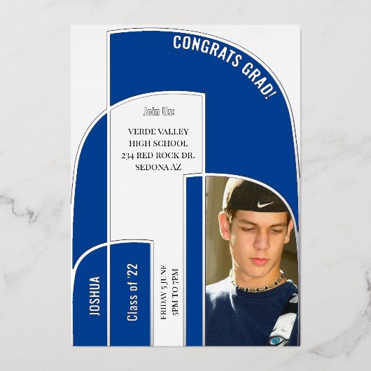 スクールカラー素晴らし幾何学卒業写真 箔招待状 (正面)