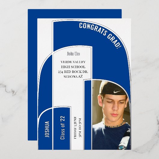 スクールカラー素晴らし幾何学卒業写真 箔招待状 (正面/裏面)