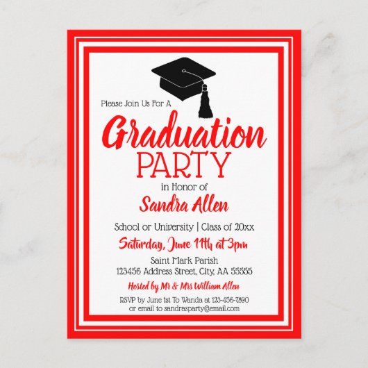 スクールカラー赤と白ズ卒業パーティー インビテーションポストカード (正面)