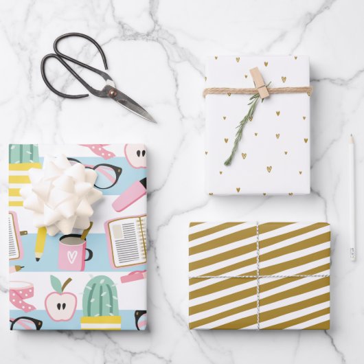 スクールガールブルー&金ゴールドラッピング紙 ラッピングペーパーシート (正面)