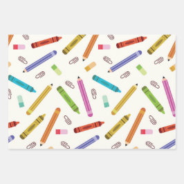 スクールクカラフルライアンと鉛筆パターン ラッピングペーパーシート