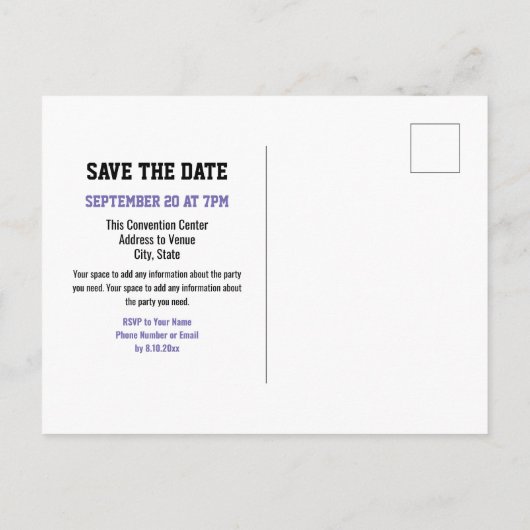 スクールクラス懇親会日付を保存する紫 案内ポストカード (裏面)