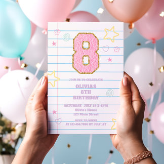 スクールスタイルのプレッピーなパステルカラーパッチノート 8歳の誕生日 招待状