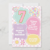 スクールスタイルのプレッピーなパステルカラーパッチ 7歳の誕生日 招待状 (正面)
