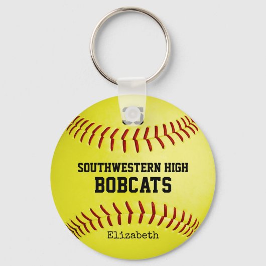 スクールチームと選手の名前イエローソフトボール キーホルダー (正面)