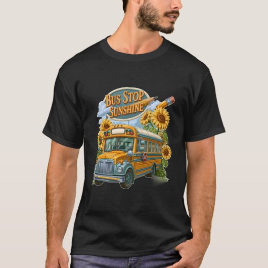 スクールバスとひまわりのバス停の陽気さ Tシャツ (正面)