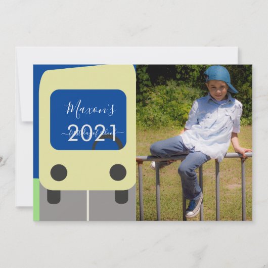 スクールバスの最初の日イエロースクリプトフォトカード 招待状 (正面)