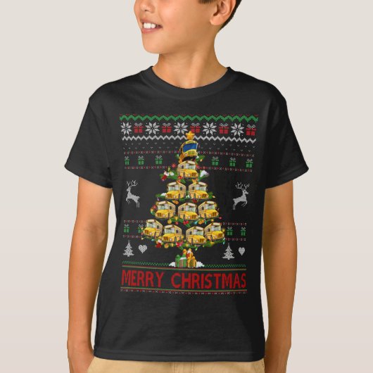 スクールバスクリスマスツリー醜いセーターSanta Bus D Tシャツ (正面)
