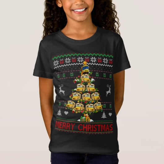 スクールバスクリスマスツリー醜いセーターSanta Bus D Tシャツ (正面)