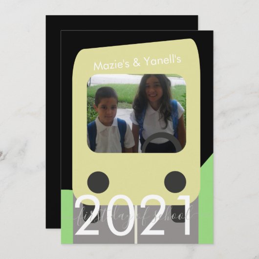 スクールバススクリプトの初日ブラザーシスターカード 招待状 (正面/裏面)