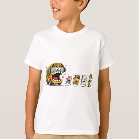 「スクールバスチェイス!」面白い学校グッズ キッズTシャツ Tシャツ (正面)