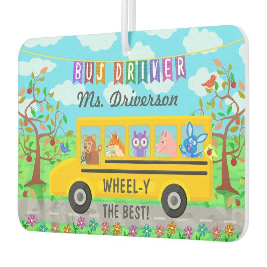 スクールバスドライバーかわいい動物 |名パーソナライズされた前 カーエアーフレッシュナー (左)