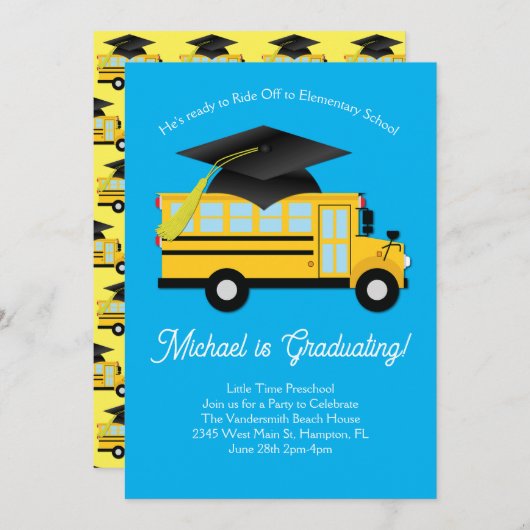 スクールバス就学前の卒業党小学校 招待状 (正面/裏面)