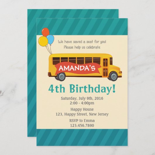 スクールバス誕生日招待状 招待状 (正面/裏面)