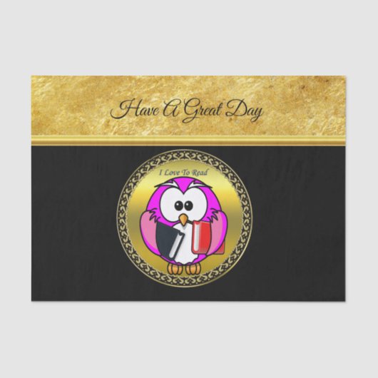 スクールブックを持つピンクと白のフクロウ読ル 薄葉紙 (正面)