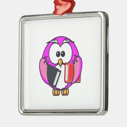 スクールブックを持つピンクと白のフクロウ メタルオーナメント (左)