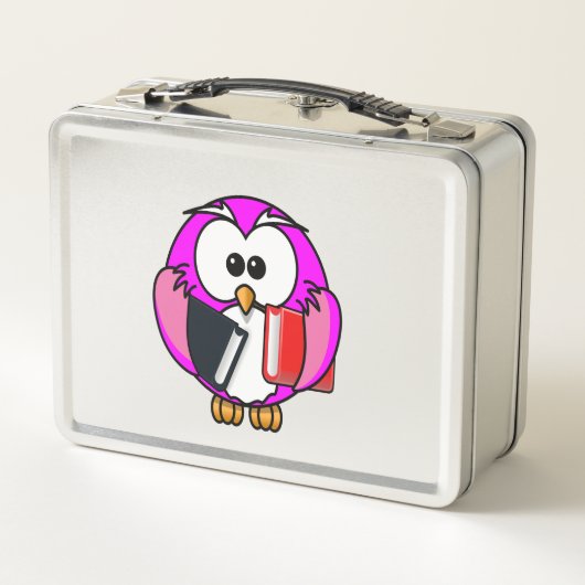 スクールブックを持つピンクと白のフクロウ メタルランチボックス (裏面)