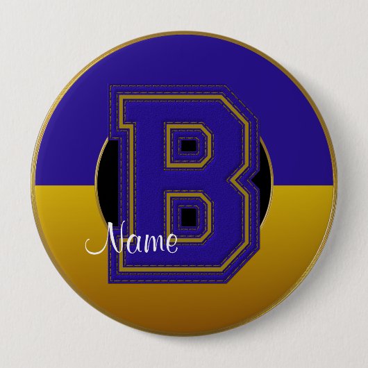 スクールボモノグラムのタン、青金ゴールド文字B 缶バッジ (正面)