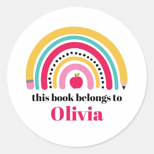 スクールレインボーパーソナライズされたネーム帳ラベル ラウンドシール (正面)