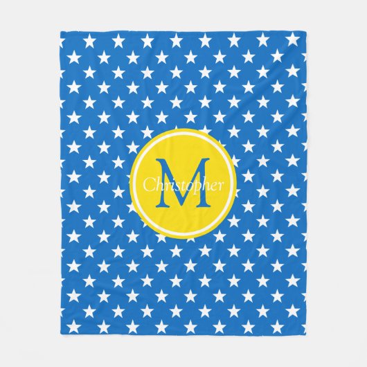 スクール日ブルー&イエロースターズモノグラム フリースブランケット (正面)