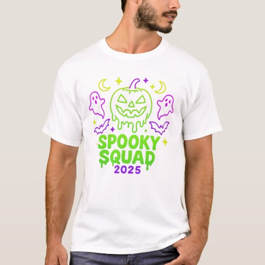 スクー不気味ド2025ハロウィンネオン幽霊カボチャ Tシャツ (正面)