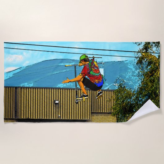 スクー生まれトへ – スタントスクーターのトリック ビーチタオル (正面)