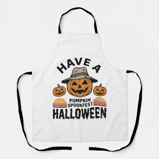 スケアリーカボチャのハロウィン ビンテージ風彫刻Tシャツ D エプロン (正面)
