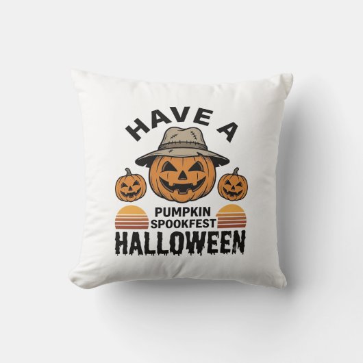 スケアリーカボチャのハロウィン ビンテージ風彫刻Tシャツ D クッション (正面)