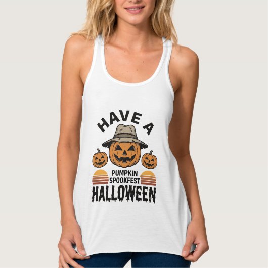 スケアリースイカ南瓜ハロウィーン ヴィンテージ 彫刻Tシャツ D タンクトップ (正面)
