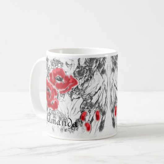 スケッチされたペンの手書き赤いケシの花のフローラ コーヒーマグカップ (正面左)