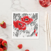 スケッチされたペンの手書き赤いケシの花のフローラ スタンダードカクテルナプキン (インサイチュ)