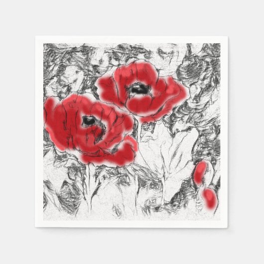 スケッチされたペンの手書き赤いケシの花のフローラ スタンダードカクテルナプキン (正面)