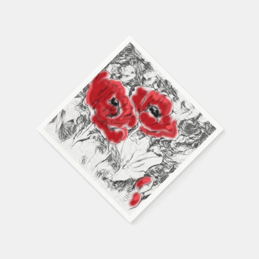 スケッチされたペンの手書き赤いケシの花のフローラ スタンダードカクテルナプキン (角)