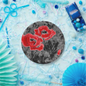 スケッチされたペンの手書き赤いケシの花のフローラ ペーパープレート (パーティー)