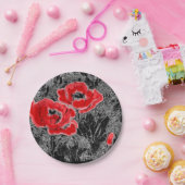 スケッチされたペンの手書き赤いケシの花のフローラ ペーパープレート (パーティー)