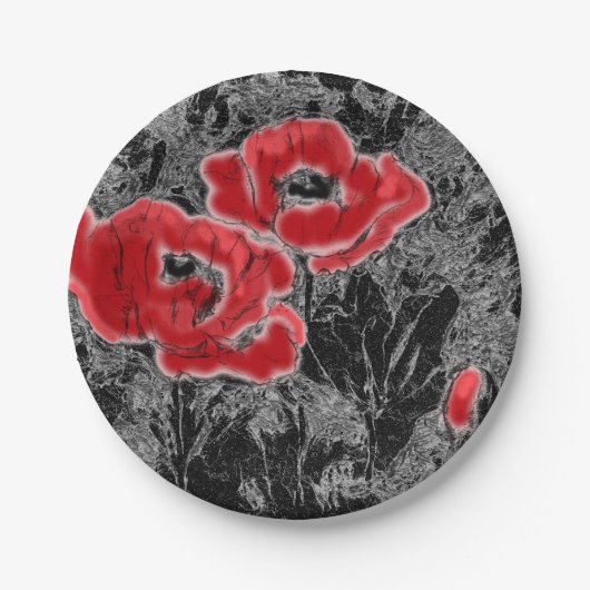 スケッチされたペンの手書き赤いケシの花のフローラ ペーパープレート (正面)