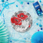 スケッチされたペンの手書き赤いケシの花のフローラ ペーパープレート (パーティー)