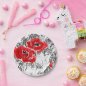 スケッチされたペンの手書き赤いケシの花のフローラ ペーパープレート (パーティー)